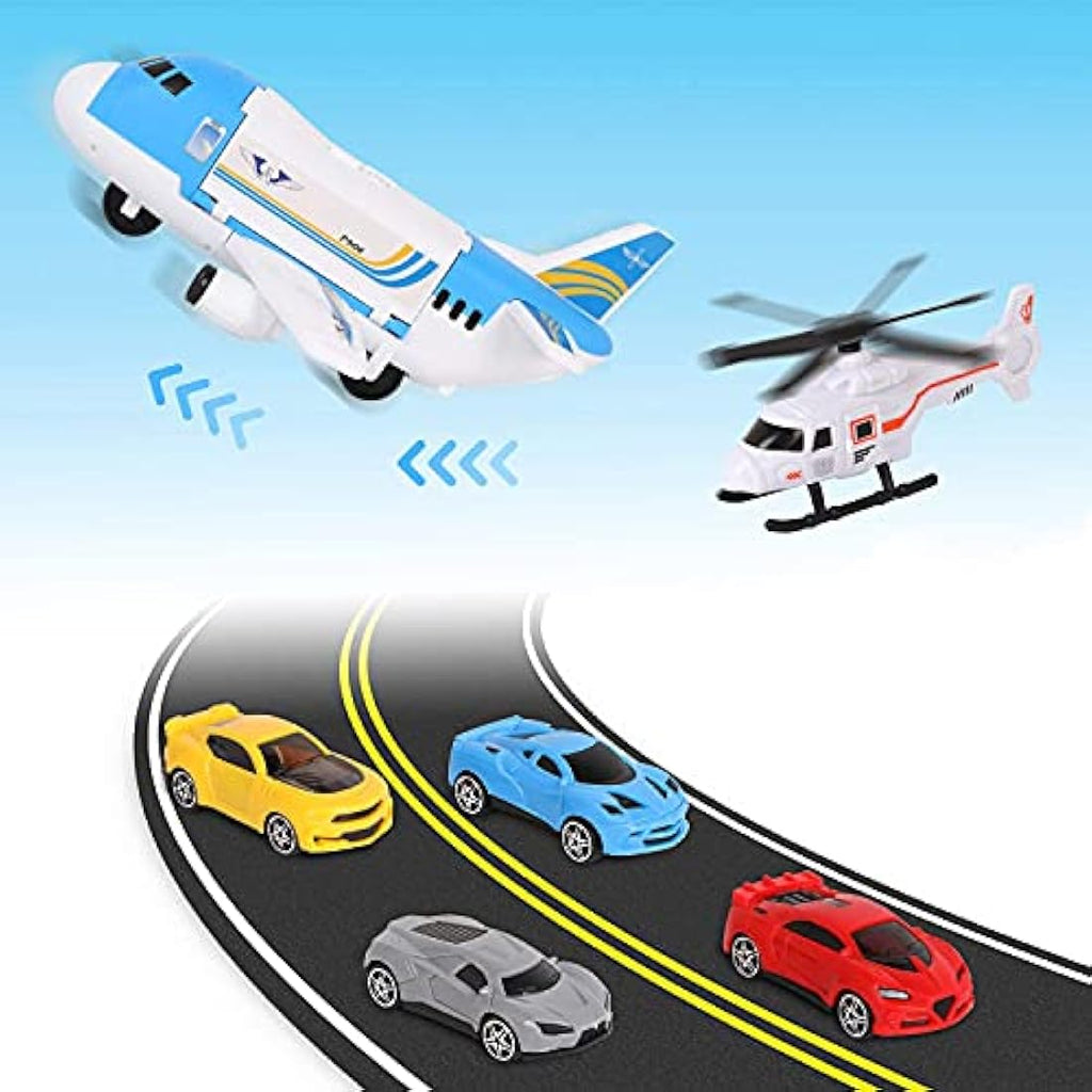 Transport Cargo Airplane Toy Set with 4 Cars and Helicopter