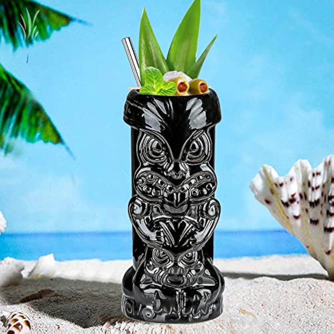 Jolof Store Ceramic Tiki Mugs - Set of 4 Tropical Hawaiian Cocktail Glasses