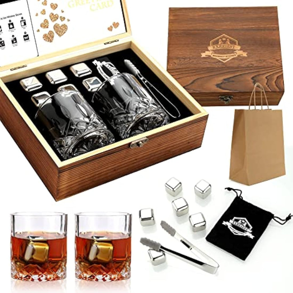Whiskey Stones and Glass Gift Set – Granite Rocks & Wooden Box