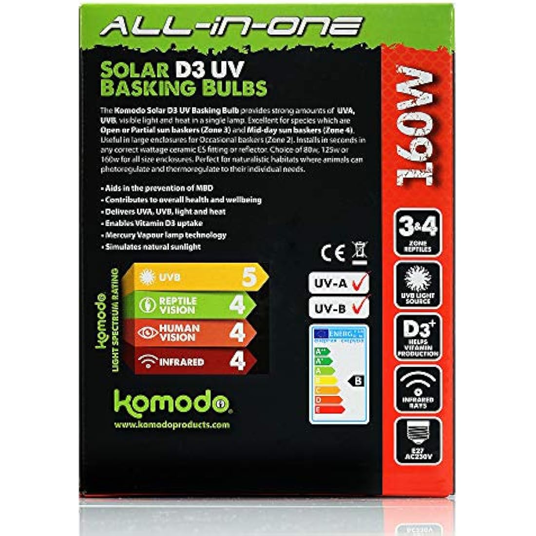 Komodo Solar D3 UV Basking Bulb | 160W Reptile Heat & Light Lamp
