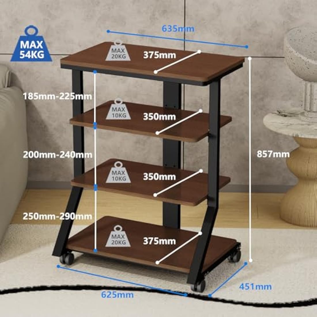 5Rcom 4-Tier HiFi Audio Rack | Rolling Wood Media Stand for Turntables