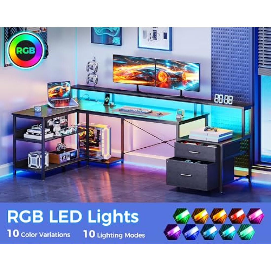 ODK L-Shaped Gaming Desk with LED Lights, Power Outlets & Drawers - Black