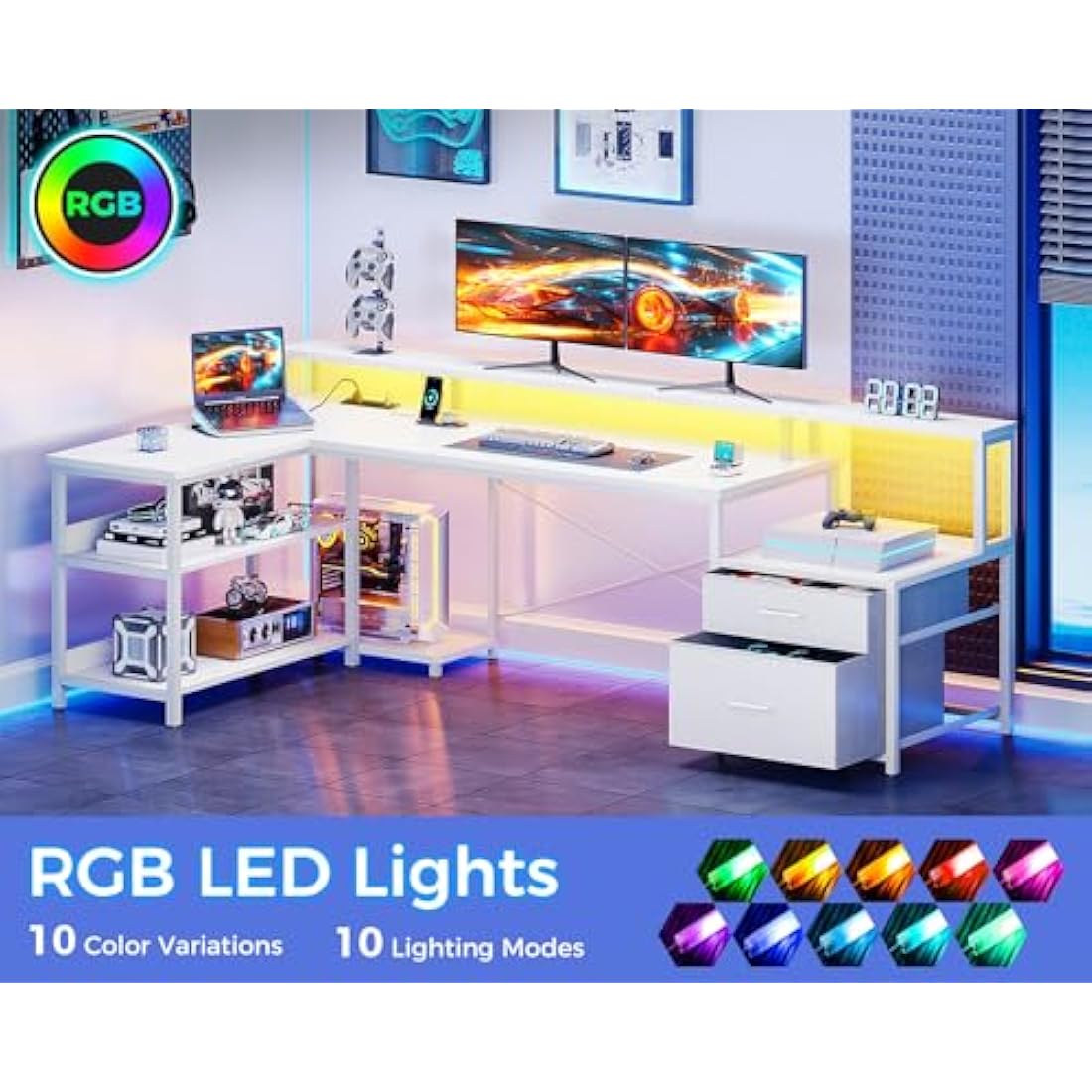 L-Shaped Gaming Desk with LED Lights & Power Outlets, White