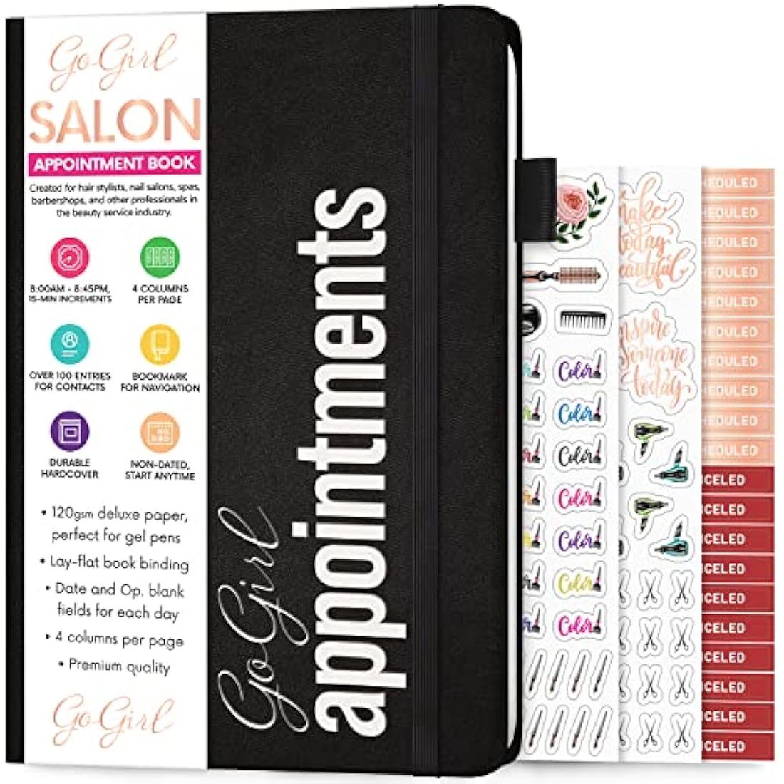 GoGirl Salon Appointment Book - Undated 15-Min Interval Planner, Black