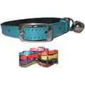 Genuine Leather Cat Collar with Safety Elastic and Bell – Blue