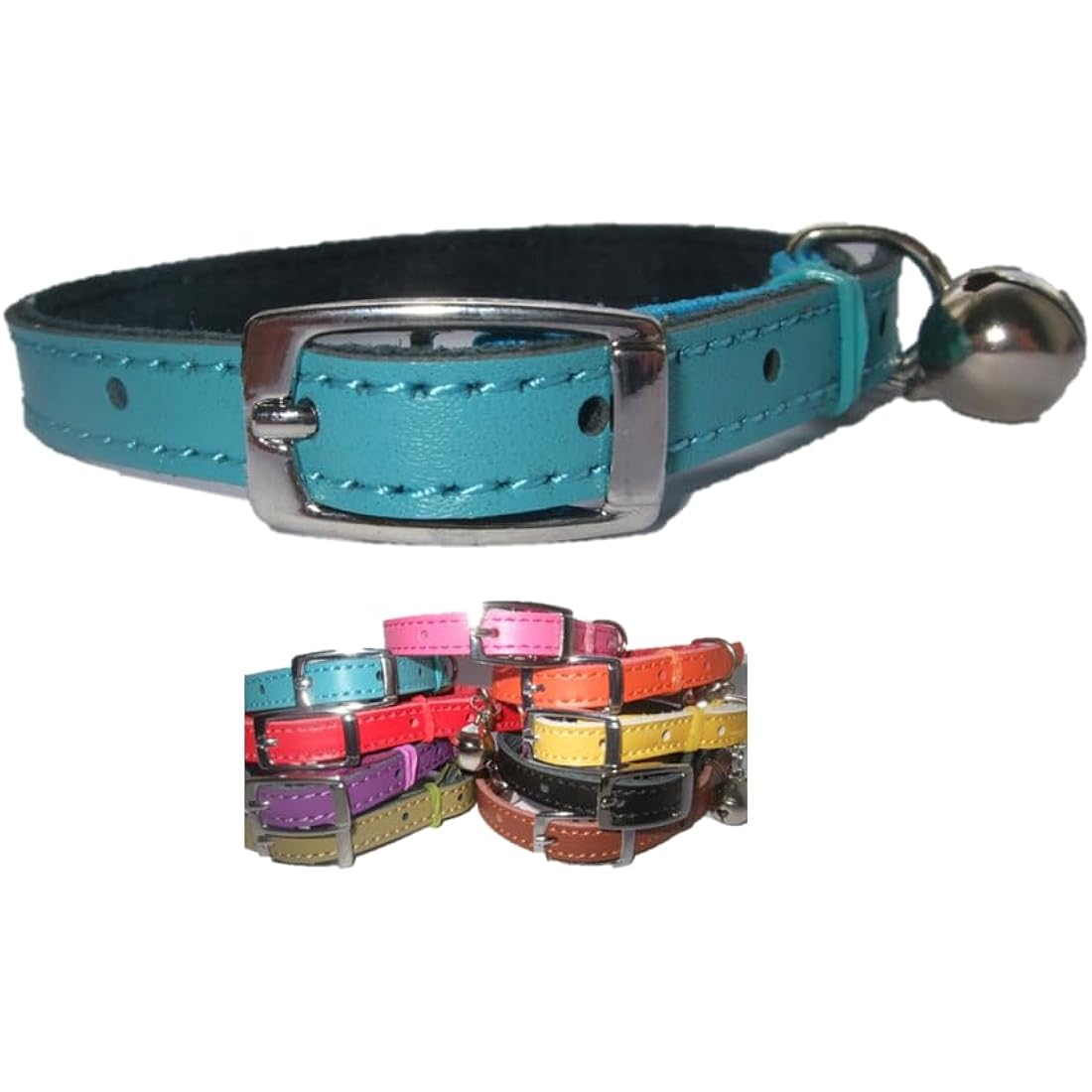 Genuine Leather Cat Collar with Safety Elastic and Bell – Blue