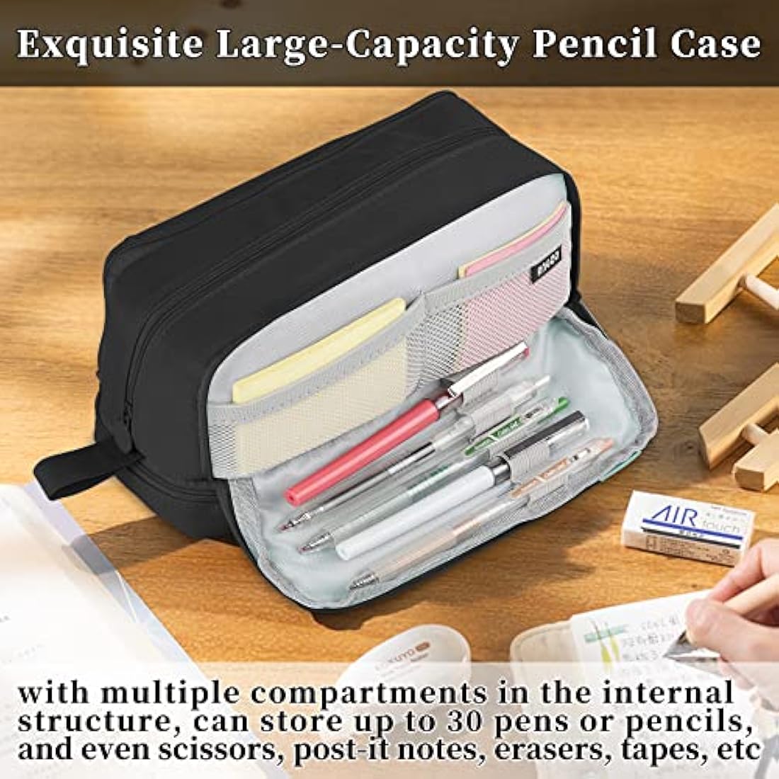 Tesmien Large Pencil Case | 4-Compartment Canvas Stationery Bag - Black