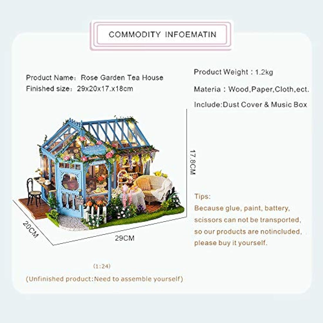 CUTEBEE DIY Wooden Dollhouse Kit | 1:24 Scale Rose Garden Tea House