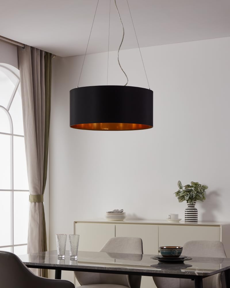 Eglo Maserlo 3-Flame Textile Pendant Lamp | Black & Gold Steel Light