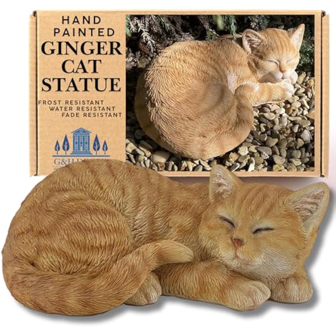 G&H Decor Ginger Sleeping Cat Statue – 32cm Resin Garden Ornament
