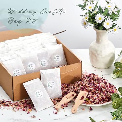 Tenare Wedding Confetti Kit | 100 Sets Dried Rose Petals & Glassine Bags