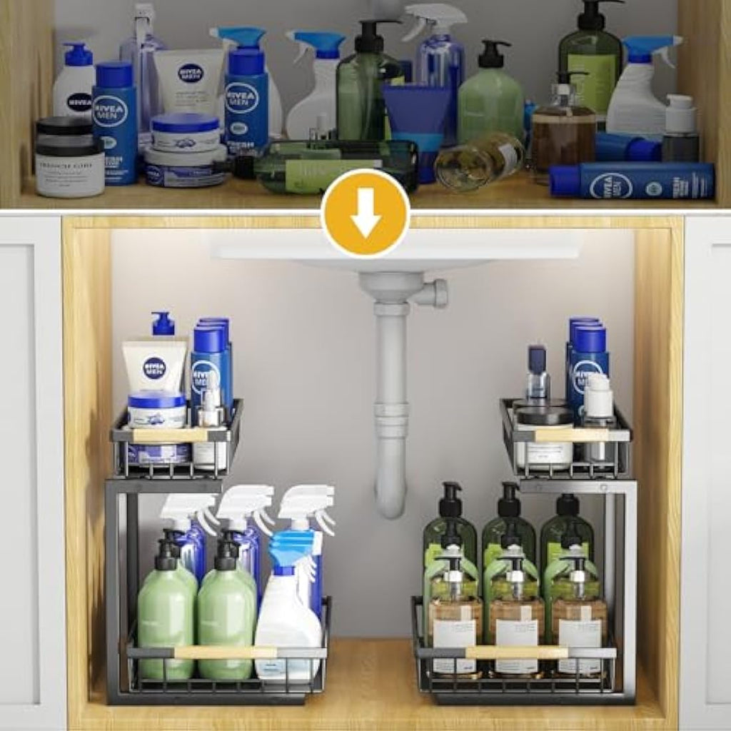 Miyawell 2-Pack Under Sink Organizer | 2-Tier Sliding Metal Cabinet Shelf