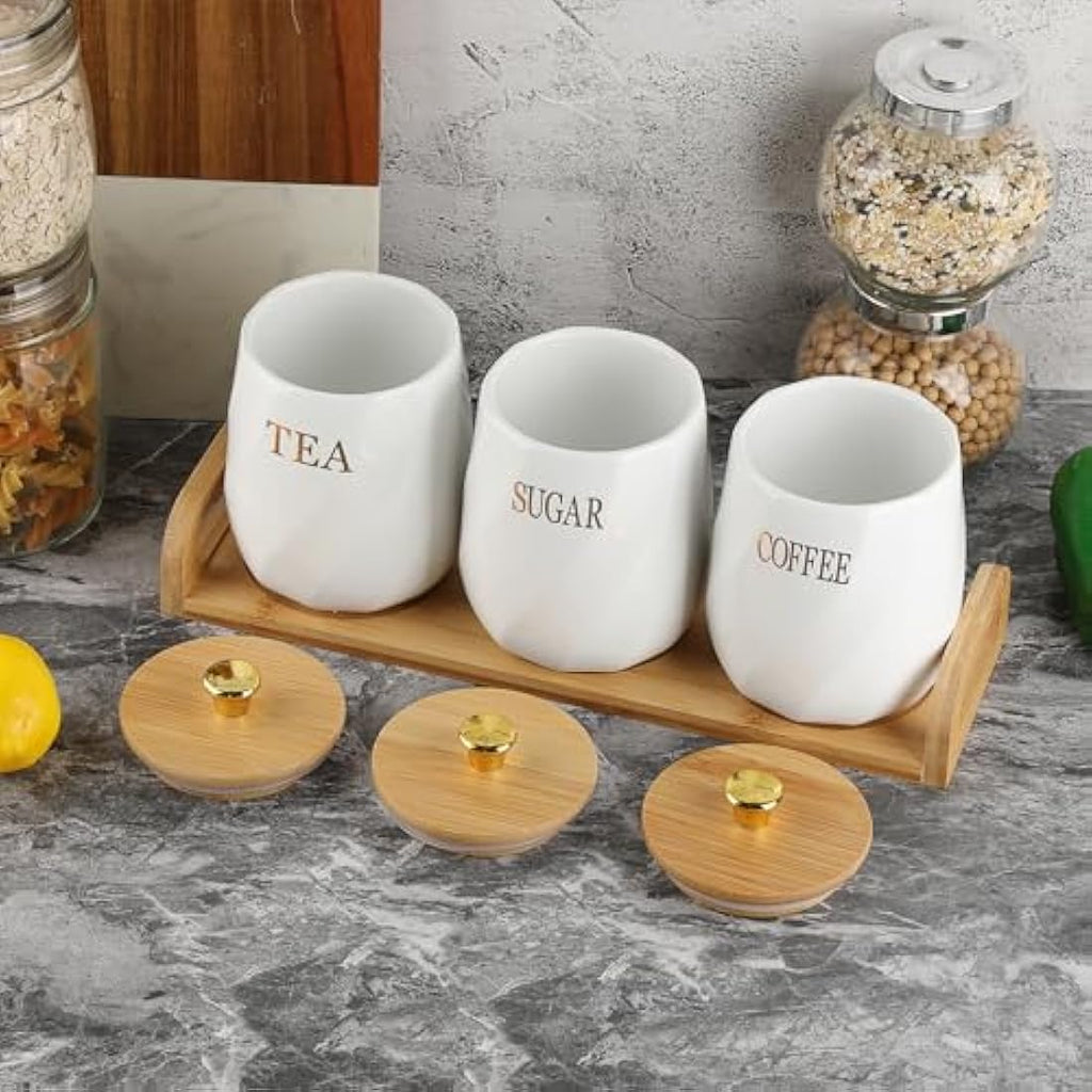 Jolof Store Ceramic Kitchen Canisters - 3pc Airtight Food Jars with Tray
