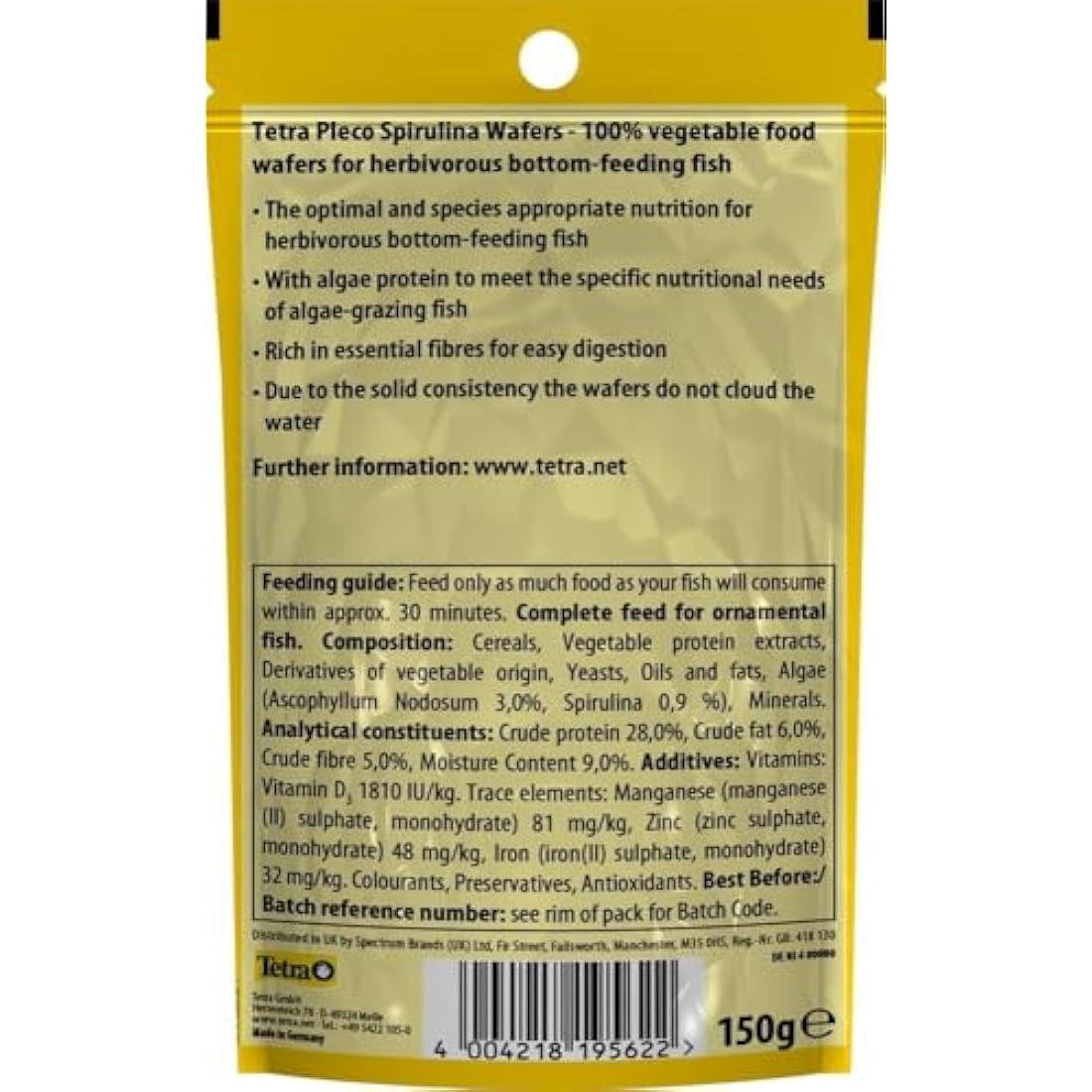 Tetra Pleco Spirulina Wafers for Herbivorous Bottom-Feeding Fish, 150g