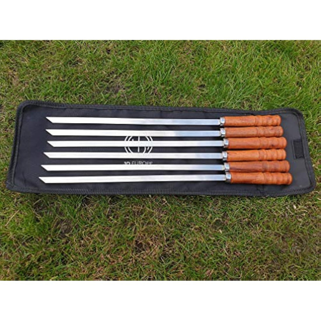 Flat Stainless Steel Kebab BBQ Skewers with Wood Handles | 6pc