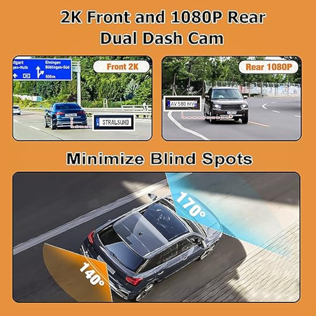 Diamond Lark 2K Dual Dash Cam – WiFi Car Camera with 32GB Card & Night Vision