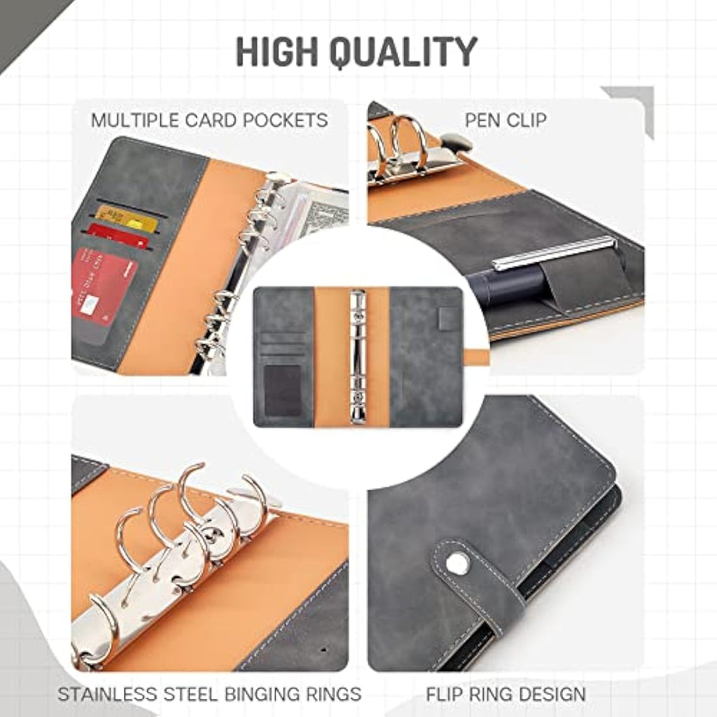 TOYESS A5 Leather Budget Binder - 30 Piece Cash Envelope System, Grey