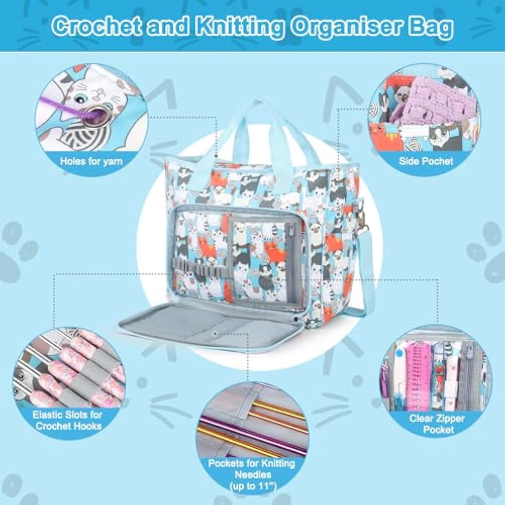 Aeelkie Knitting Bag - Large Yarn Storage Tote with Compartments, Blue Cat