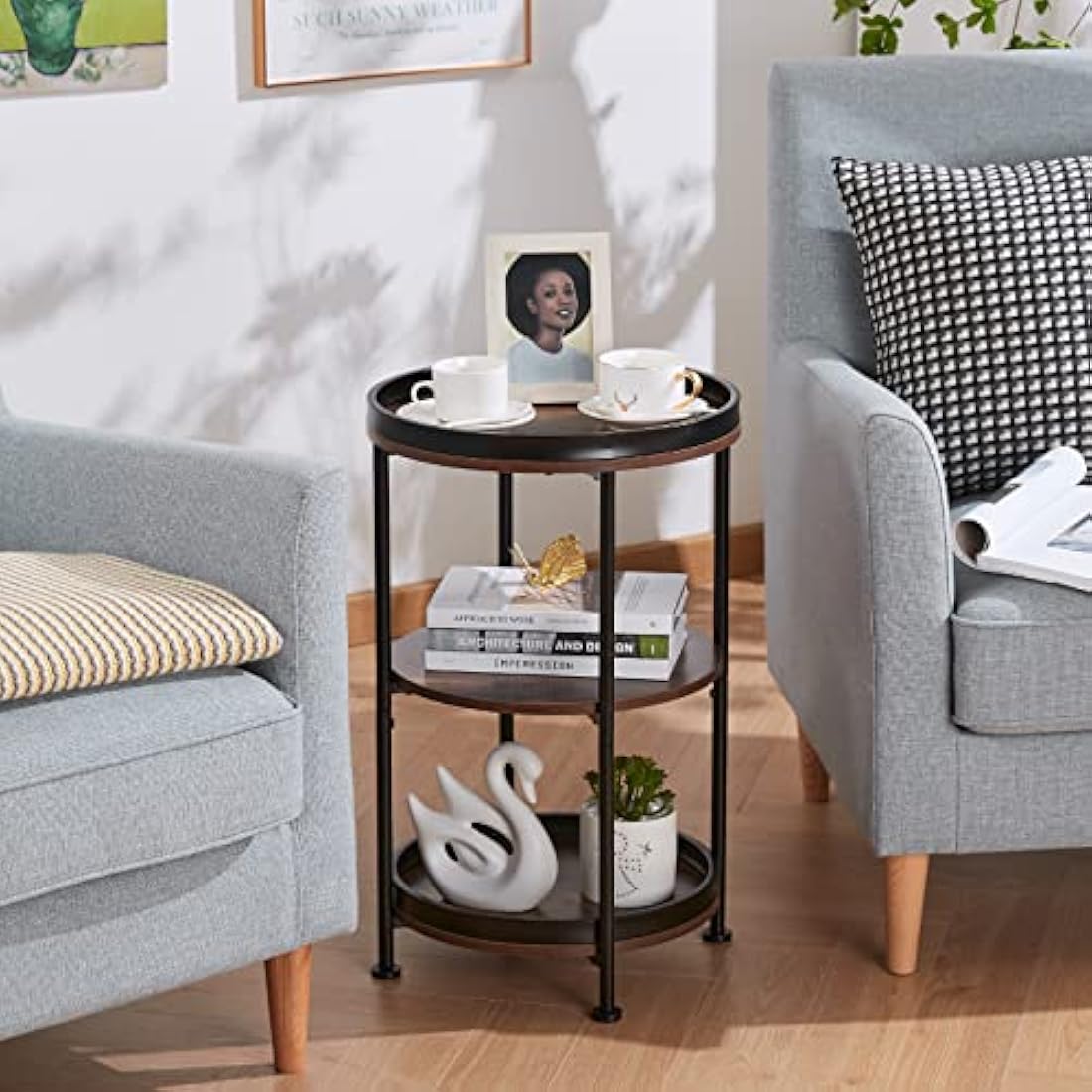 YEAKOO 3-Tier Round Side Table – Industrial Metal End Table, Rustic Brown