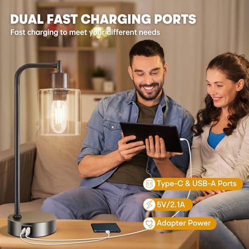 Homelist Touch Bedside Lamps Set of 2 - Industrial Dimmable USB C+A Ports