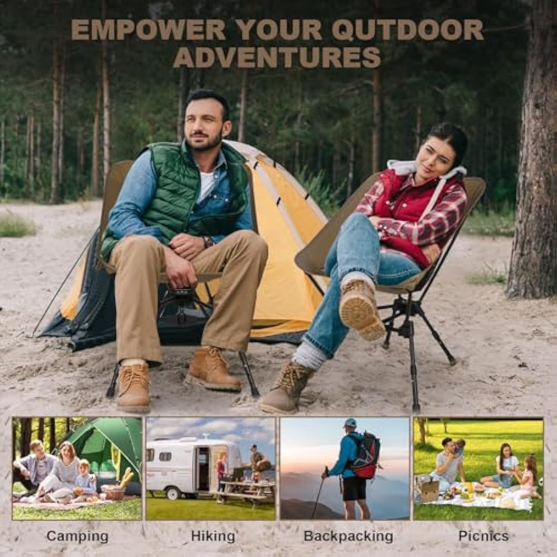 Ultralight Folding Camping Chair – Adjustable Height, Khaki