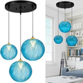 3-Light Blue Ribbed Glass Pendant Light | Modern Globe Chandelier