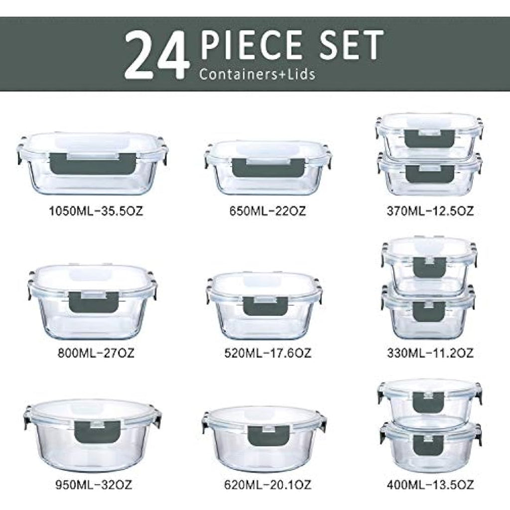 MCIRCO 24-Piece Glass Food Storage Containers | Airtight Meal Prep Set