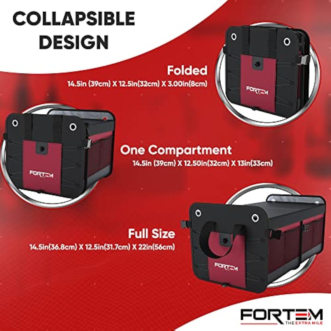 Fortem Car Boot Organiser – Collapsible 2-Compartment Storage with Lid, Red