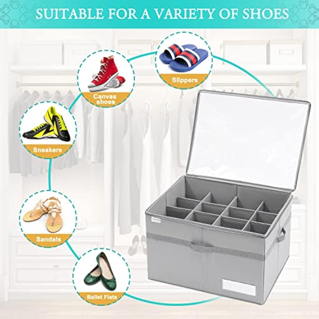 LUVHOMEE Shoe Organiser for Closet | 16 Pair Foldable Storage Bin – Grey