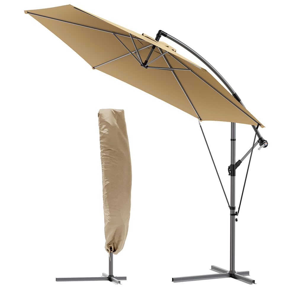 VOUNOT 3m Cantilever Garden Parasol – Tilting Banana Patio Umbrella, Khaki