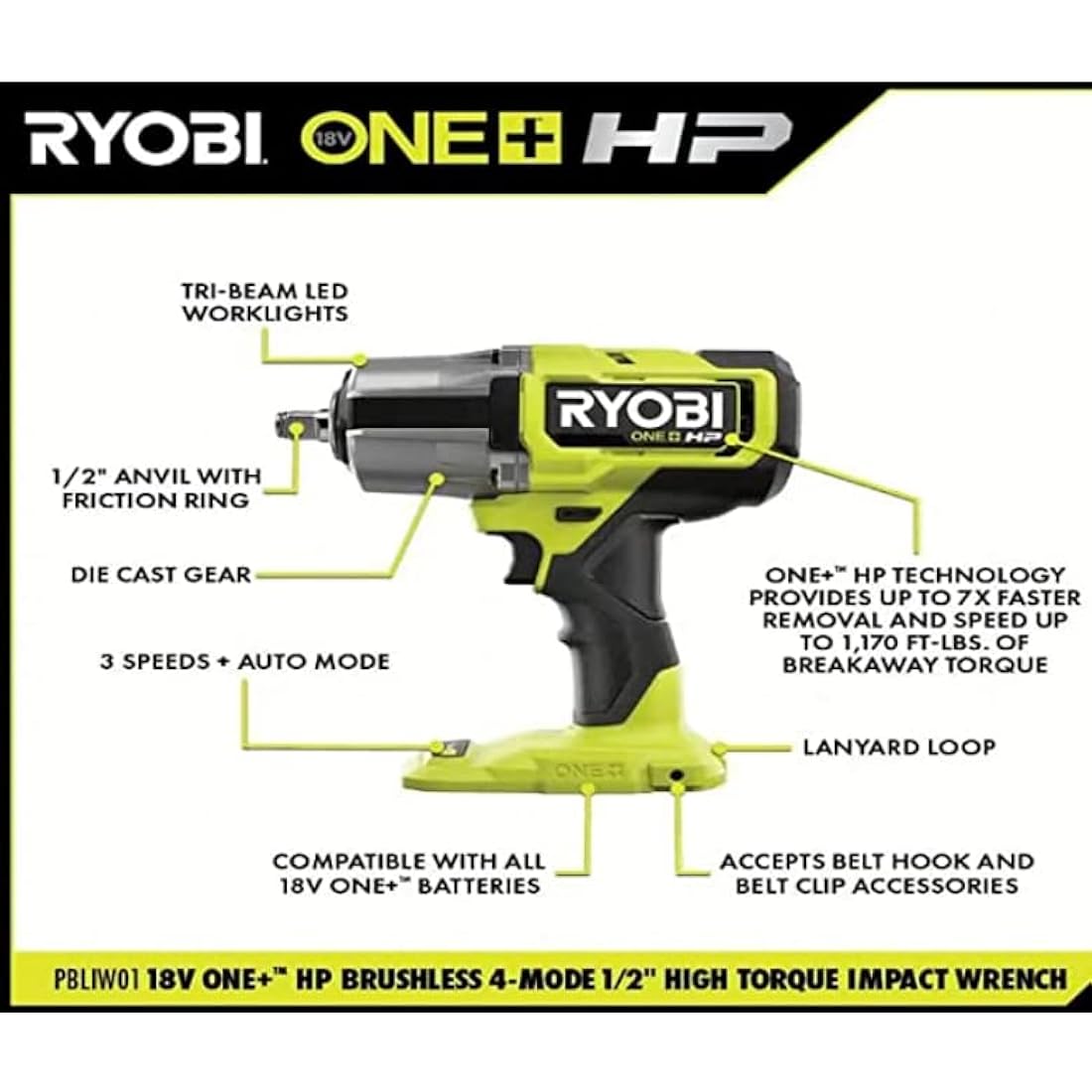 Ryobi ONE+ HP 18V Brushless 1/2 in. High Torque Impact Wrench PBLIW01B