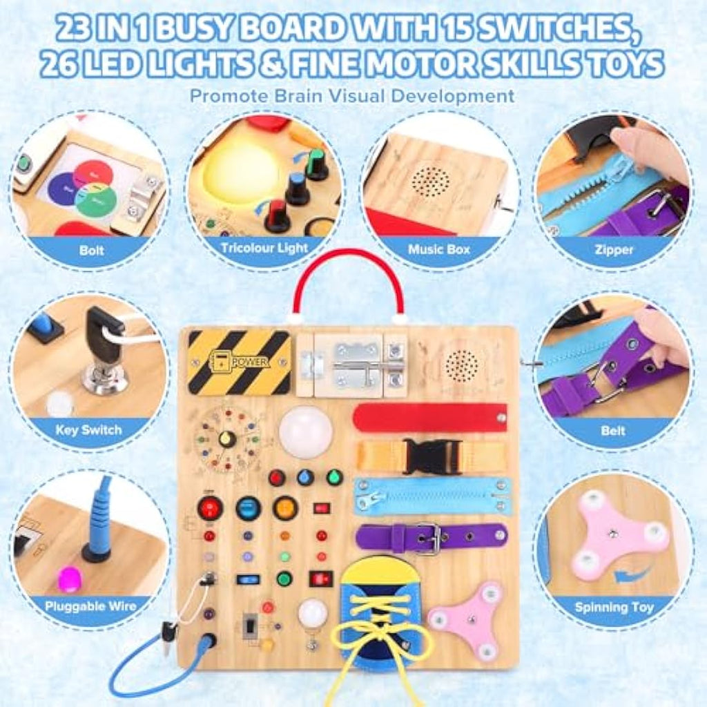 Konijiwa Montessori Busy Board | 23-in-1 Wooden LED Sensory Toy