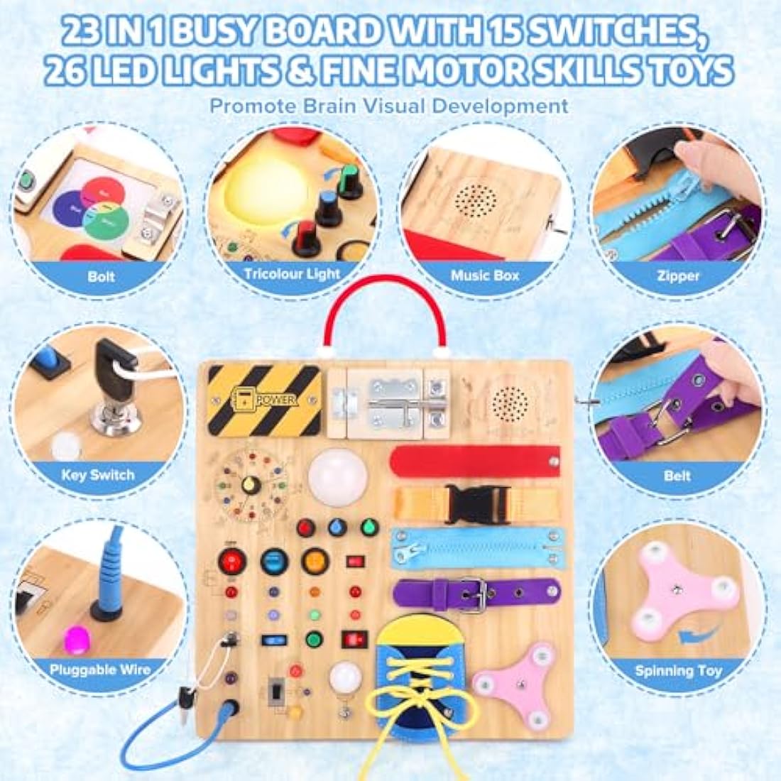 Konijiwa Montessori Busy Board | 23-in-1 Wooden LED Sensory Toy