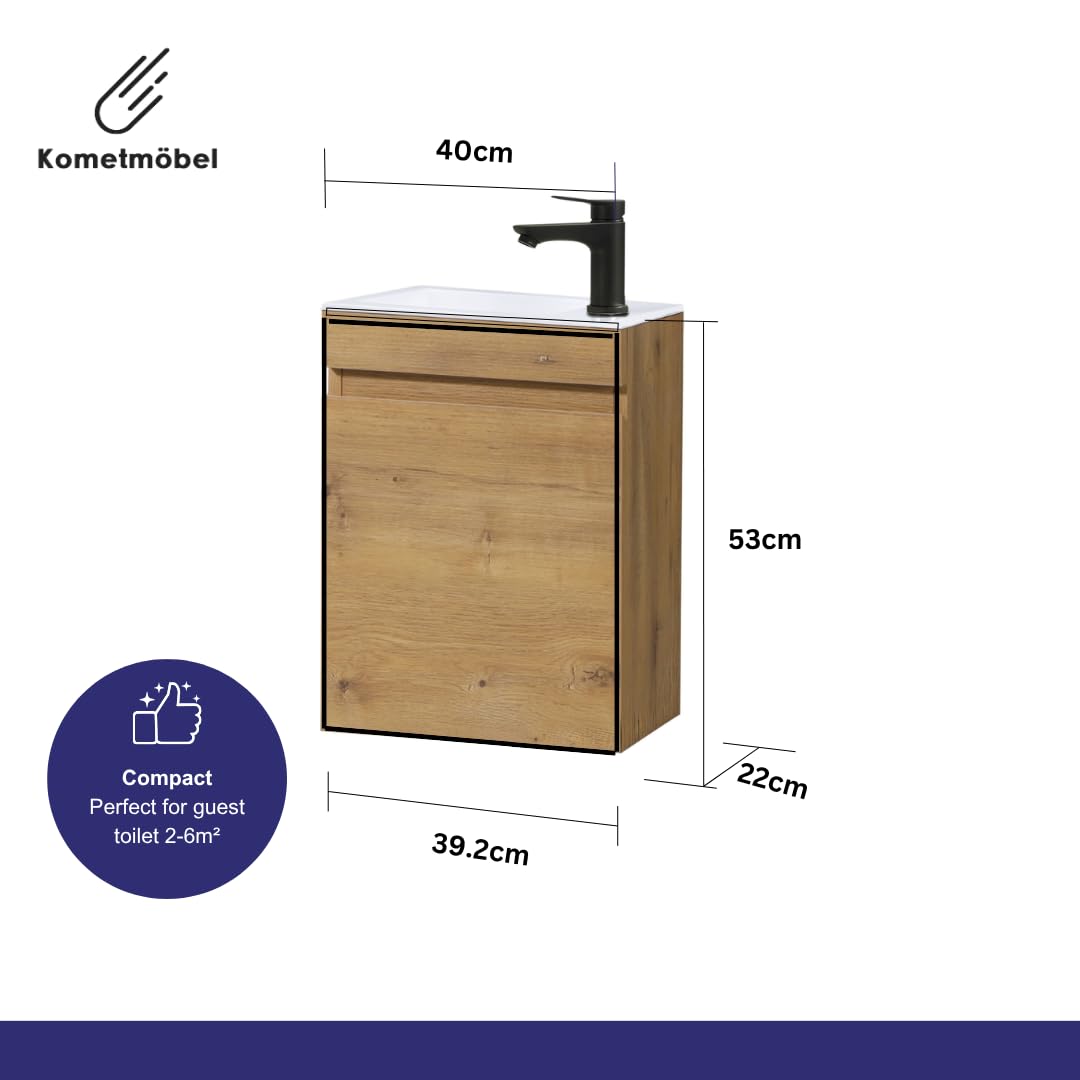 Kometmöbel Cloakroom Vanity Unit With Wash Basin Bathroom Vanity 40cm Wall Hung Oak 40cm, Without Tap