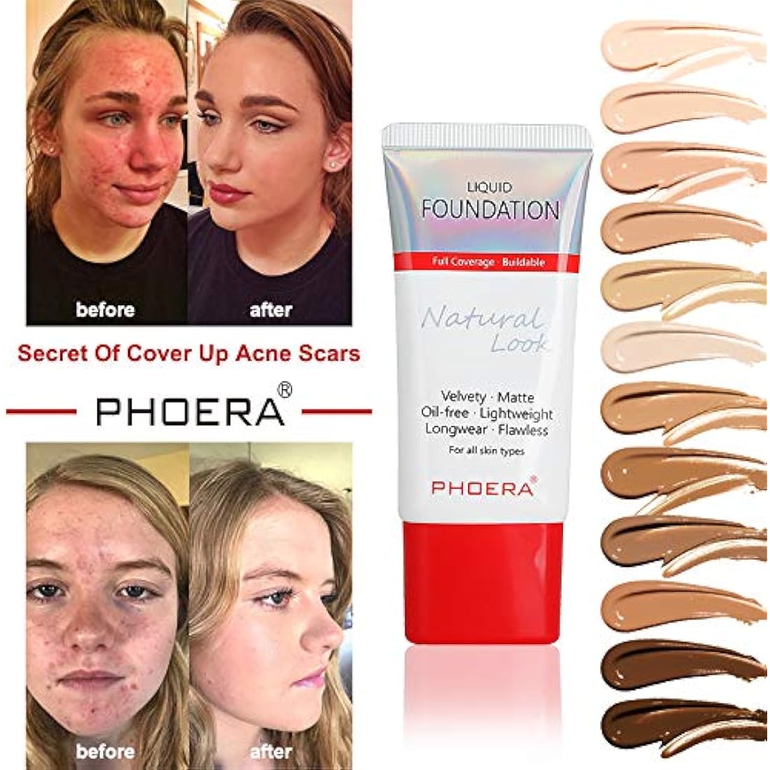 PHOERA Full Coverage Liquid Foundation – Waterproof Matte Oil-Free Base