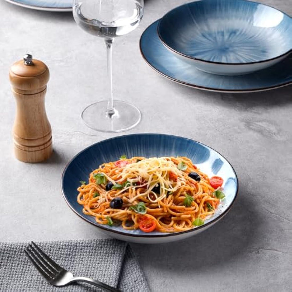 NUTRIUPS 8-Inch Ceramic Pasta Bowls - Set of 6 Blue Porcelain Plates