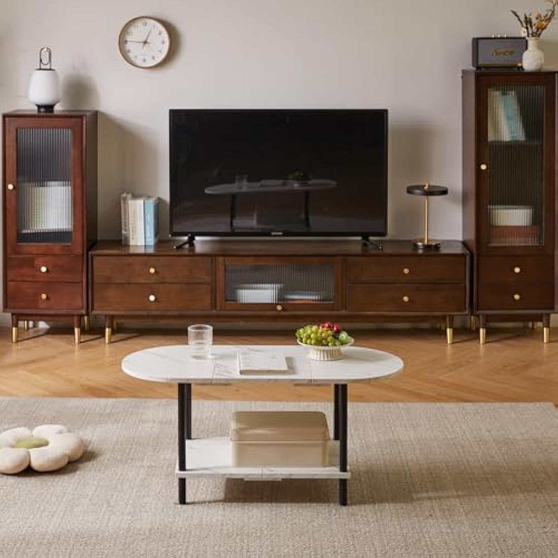 Aibiju Oval Coffee Table | 2-Tier Storage with Wooden Legs, White Marble