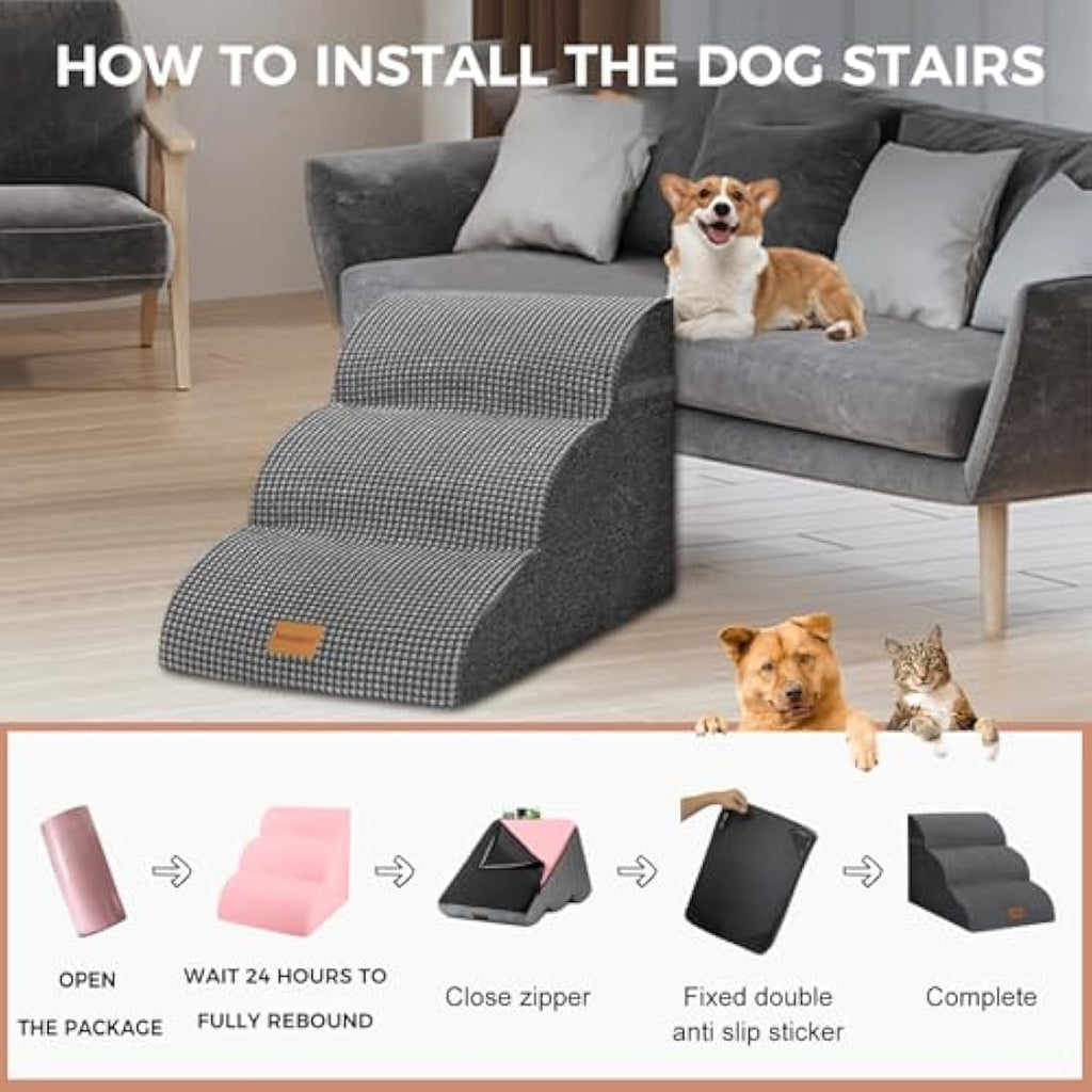 Trhillsbrad 3-Step Foam Dog Stairs – Non-Slip Pet Ramp for Beds