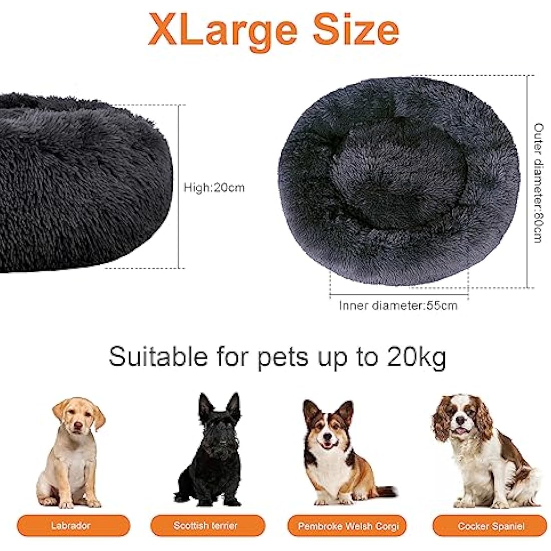 Calming Dog Bed – Washable Faux Fur Anti-Anxiety Bed, Dark Grey