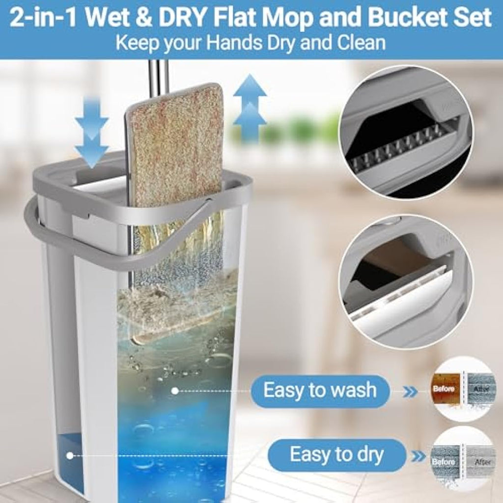 MASTERTOP Hands-Free Flat Mop and Bucket Set with 5 Microfibre Pads