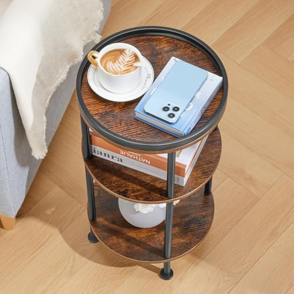 YEAKOO 3-Tier Round Side Table – Rustic Brown Industrial End Table