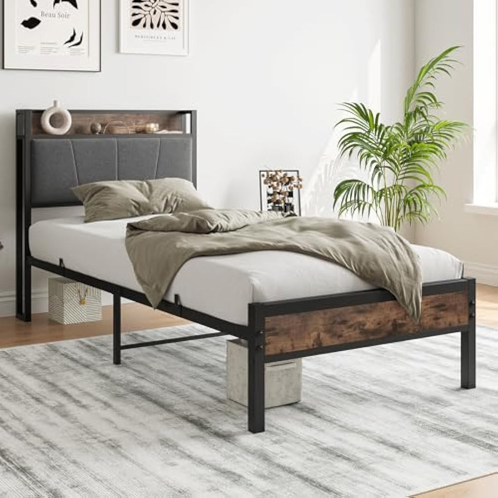 BORPHOM 3ft Single Metal Bed Frame with Storage Headboard & Upholstery
