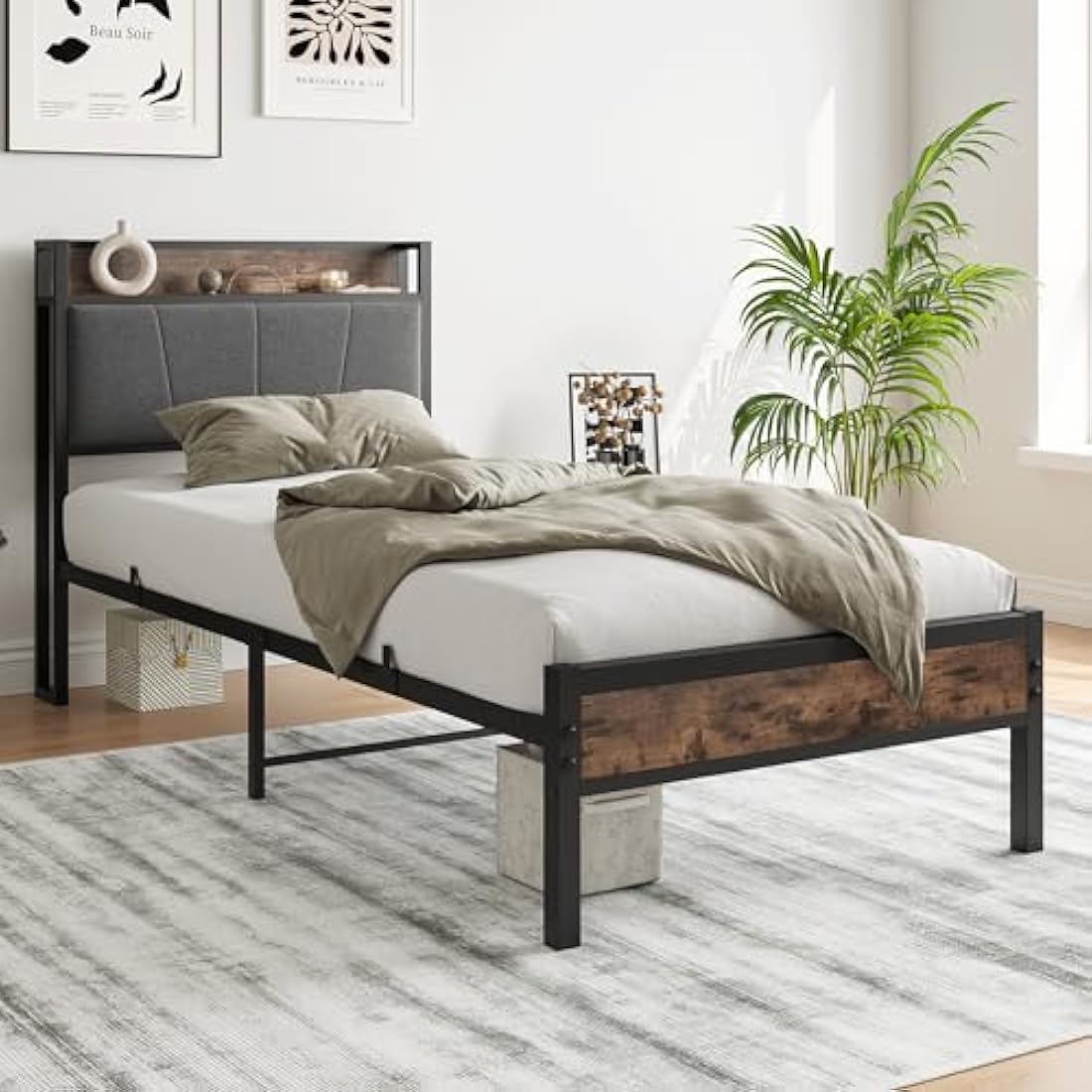 BORPHOM 3ft Single Metal Bed Frame with Storage Headboard & Upholstery
