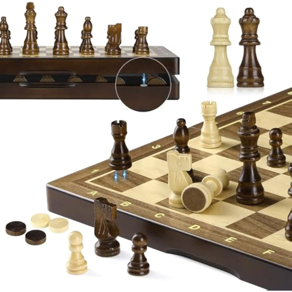 Peradix 2-in-1 Magnetic Wooden Chess and Checkers Set – 15" Foldable Board