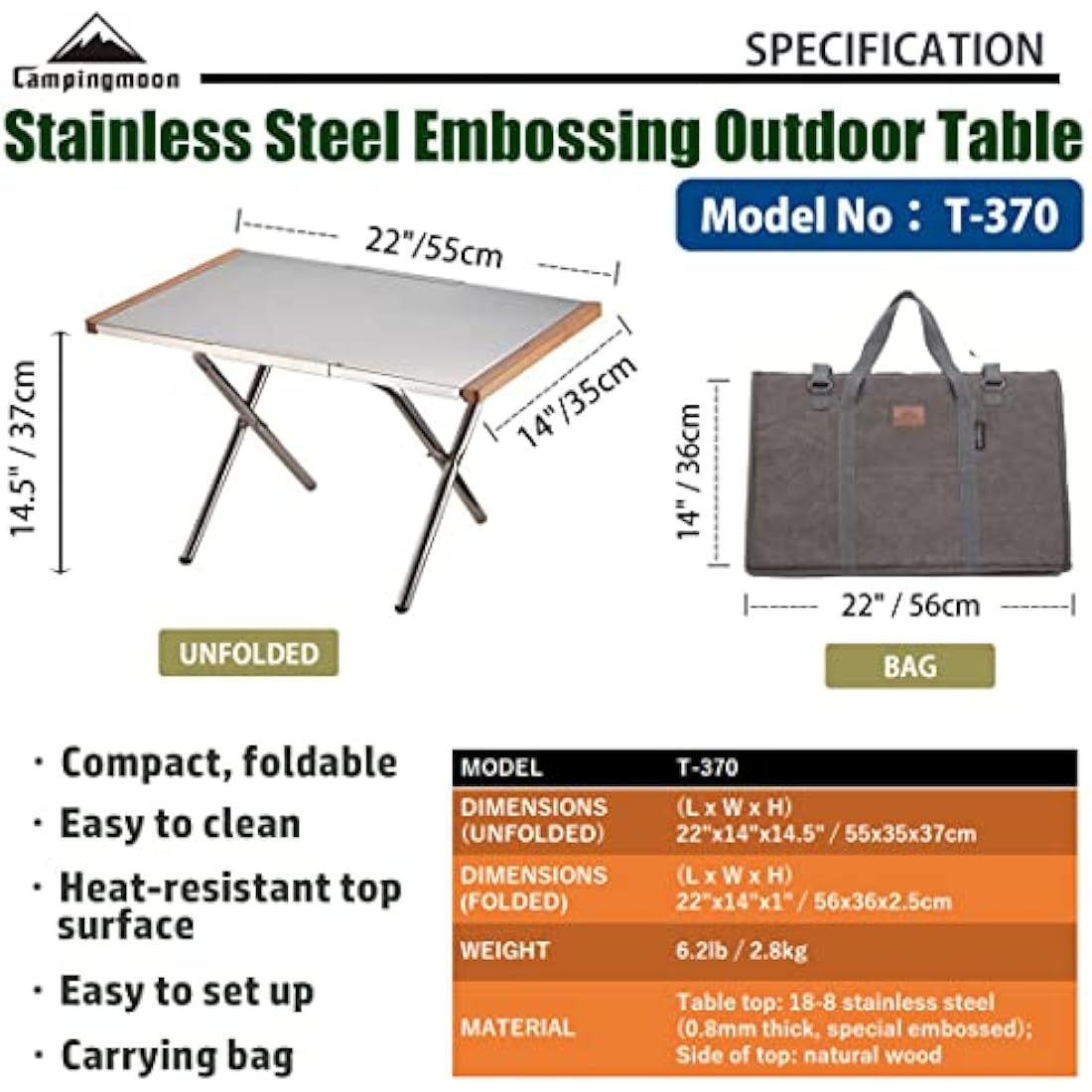 CAMPINGMOON Heat-Resistant Stainless Steel Foldable Camping Side Table