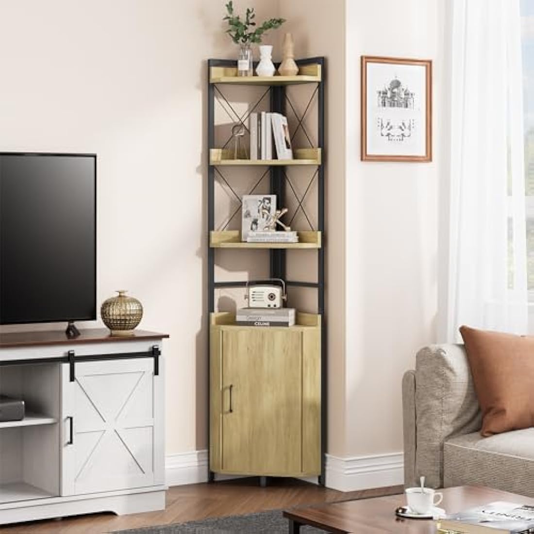 YITAHOME 4-Tier Industrial Corner Shelf with Cabinet | Oak Wood & Metal