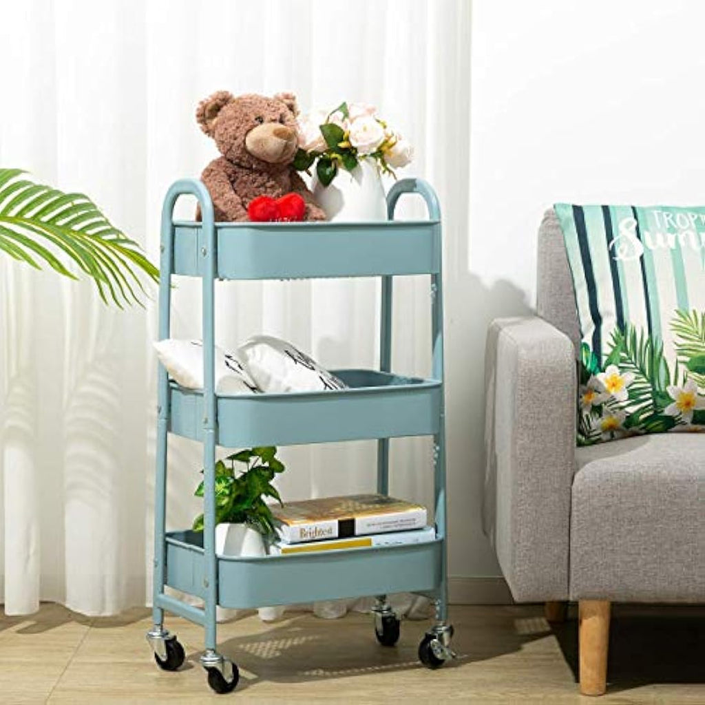 DOEWORKS 3-Tier Metal Rolling Utility Cart – Slim Storage Trolley, Grey-Blue