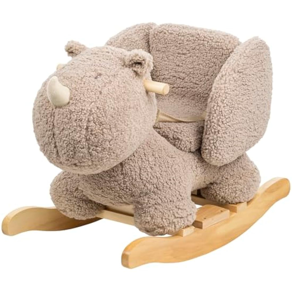 Nattou Taupe Rhino Wooden Rocker – Padded Vegan Teddy Fabric Seat