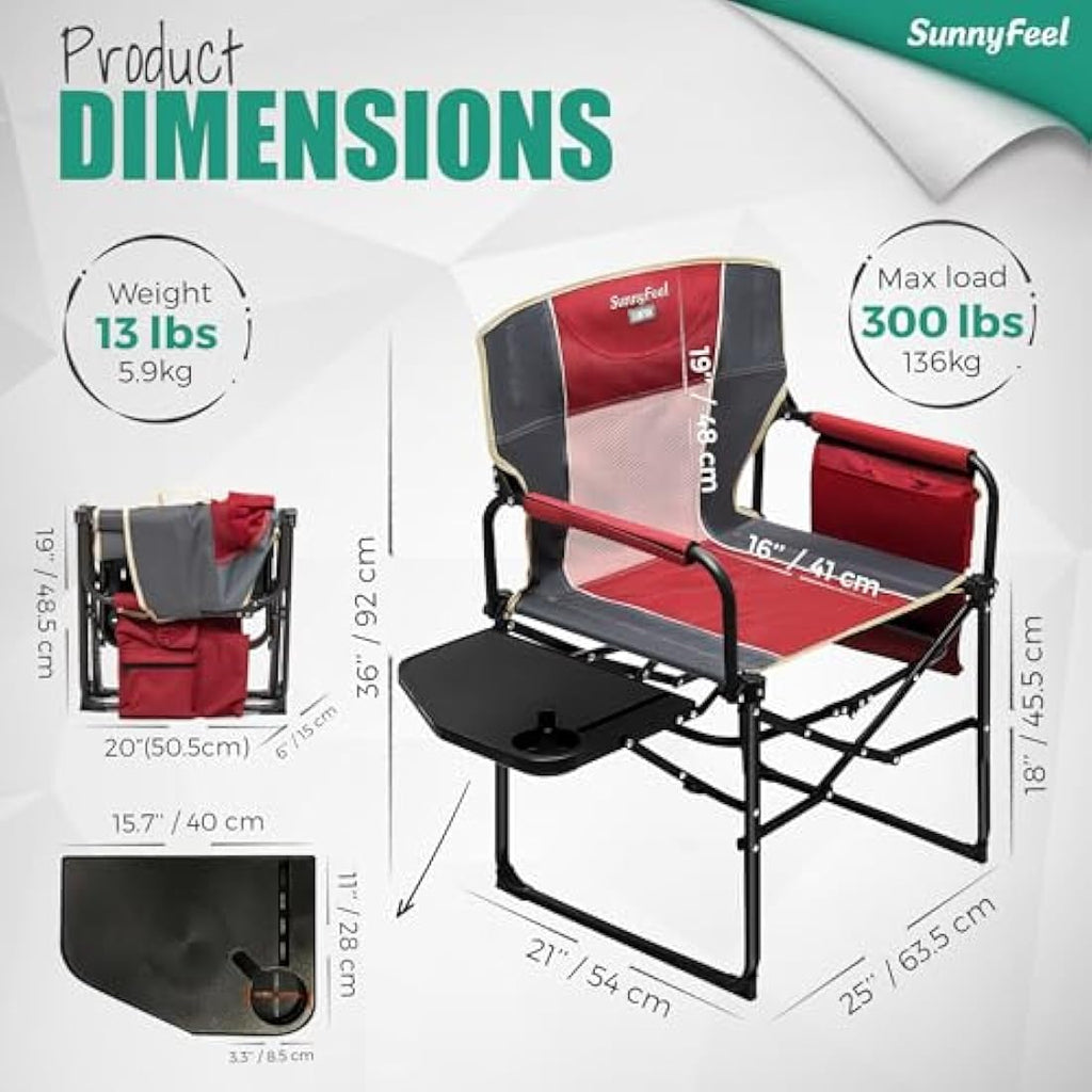 SunnyFeel Heavy Duty Camping Director Chair with Side Table - Red
