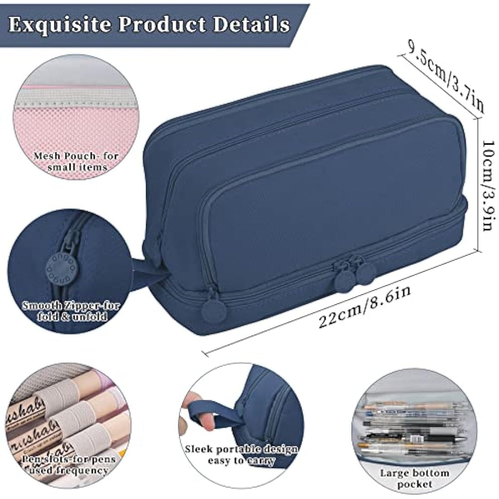 Tesmien Large Pencil Case | 4-Compartment Canvas Stationery Bag - Dark Blue
